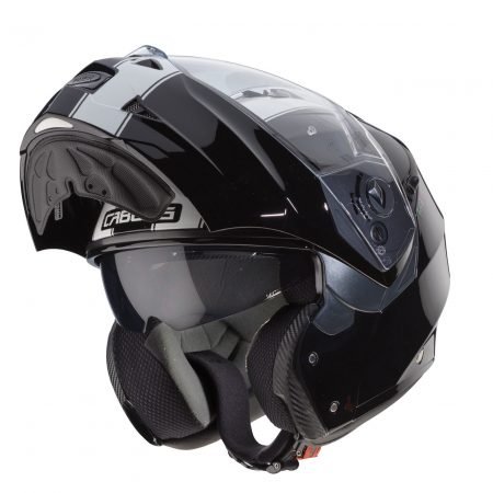 duke-legend-3 Casco modulare Caberg Duke Legend, design accattivante con visiera trasparente, vista tre quarti mentoniera aperta.