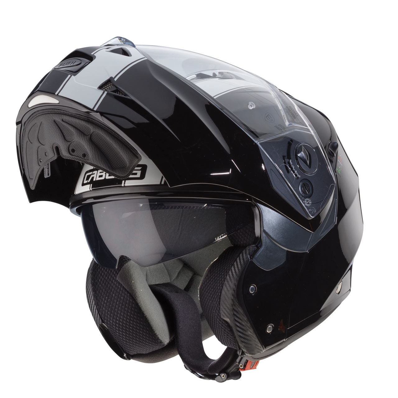 Casco modulare Caberg Duke Legend, design accattivante con visiera trasparente, vista tre quarti mentoniera aperta.