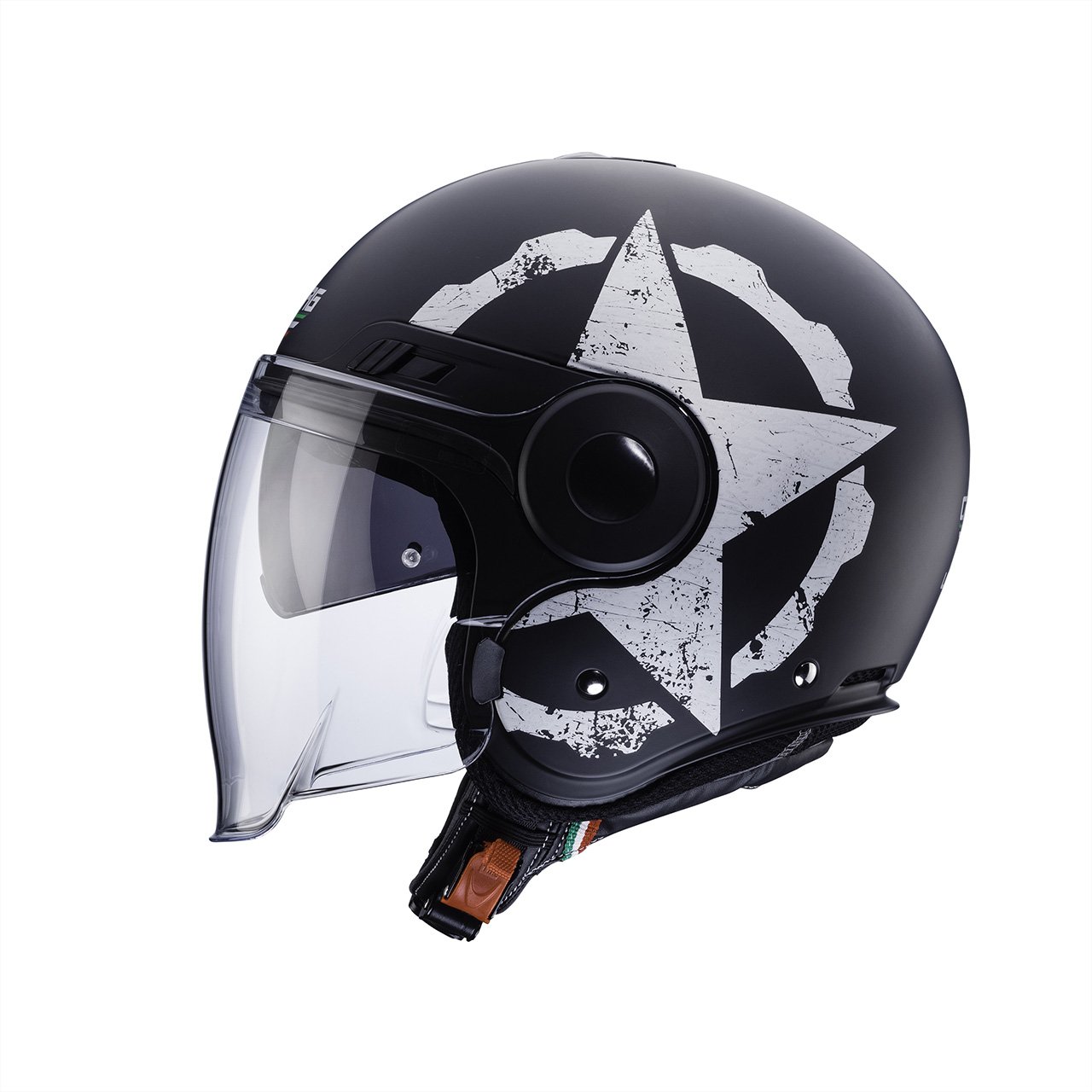 Casco jet Caberg Uptown Gear, design moderno con visiera trasparente, vista laterale.