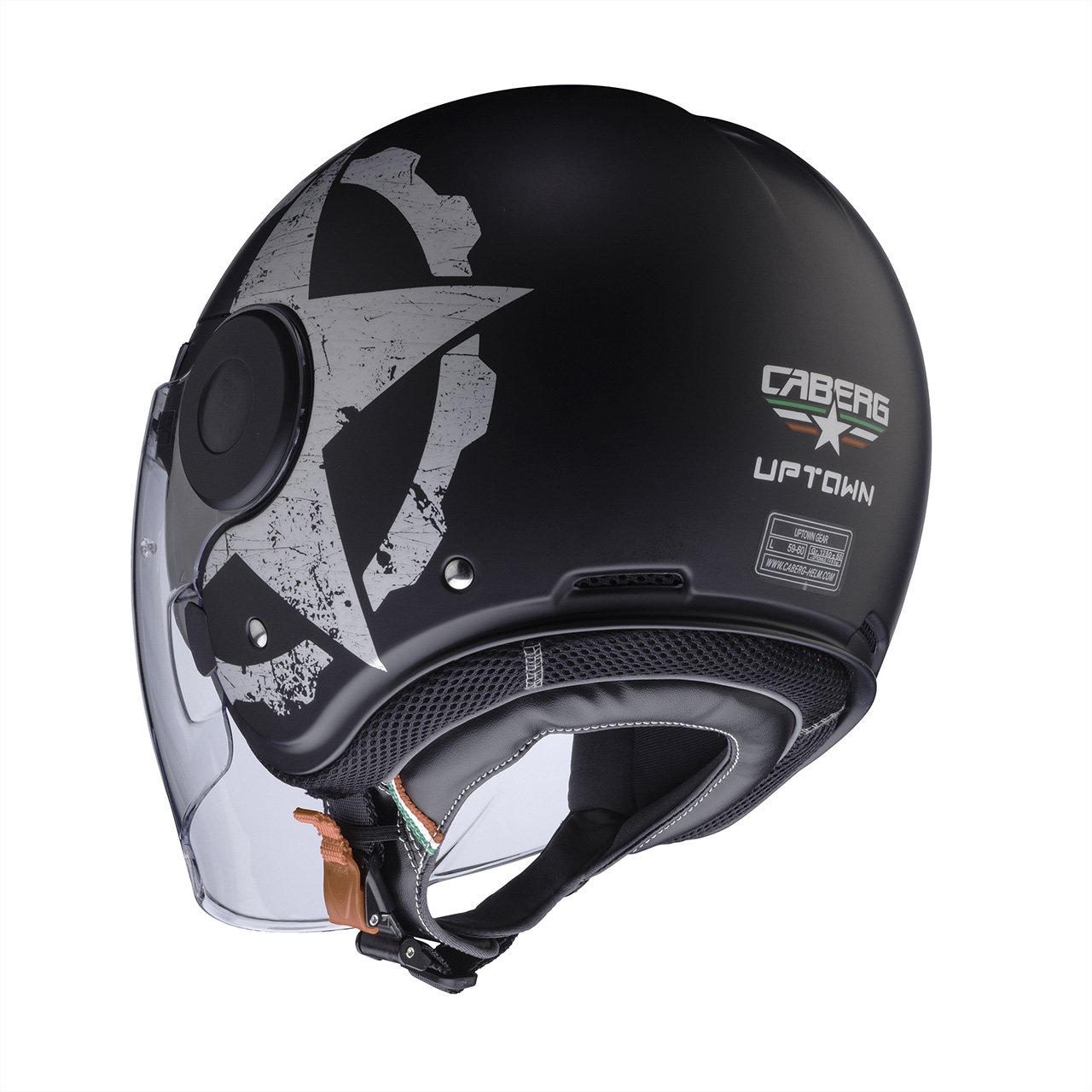 Casco jet Caberg Uptown Gear, design moderno con visiera trasparente, vista posteriore.
