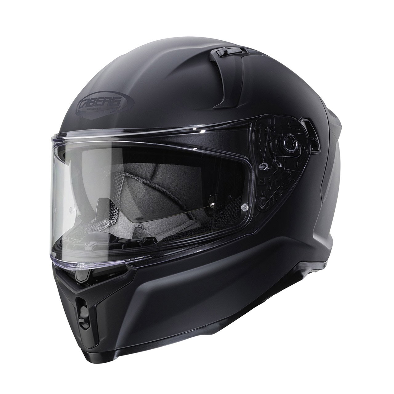 Caberg Avalon X full-face helmet in matte black, three-quarter view, elegant design with clear visor and ventilation system.