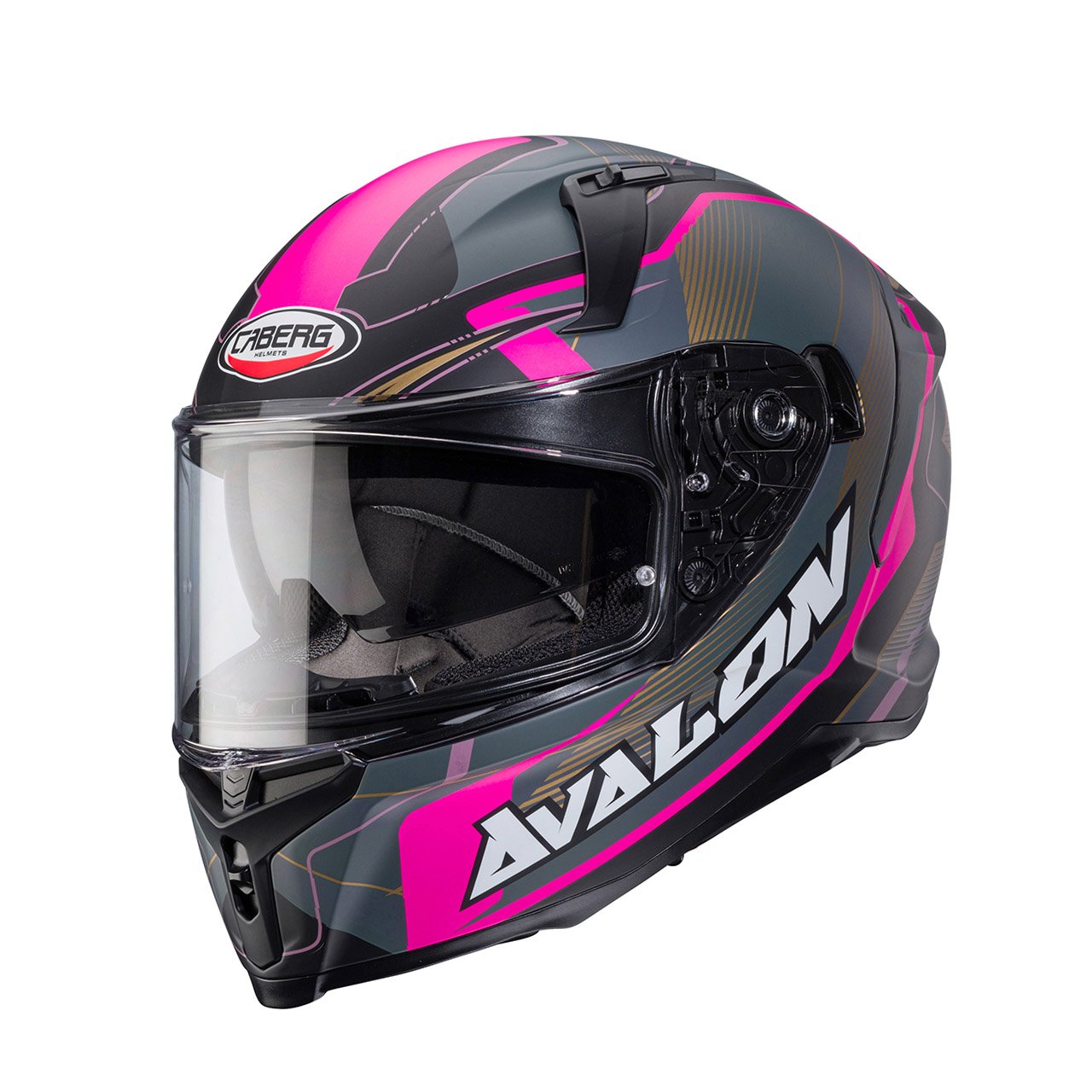 Caberg Avalon X Optic full-face helmet in matte black, grey, and fuchsia, three-quarter view, modern design with bold graphics and clear visor.