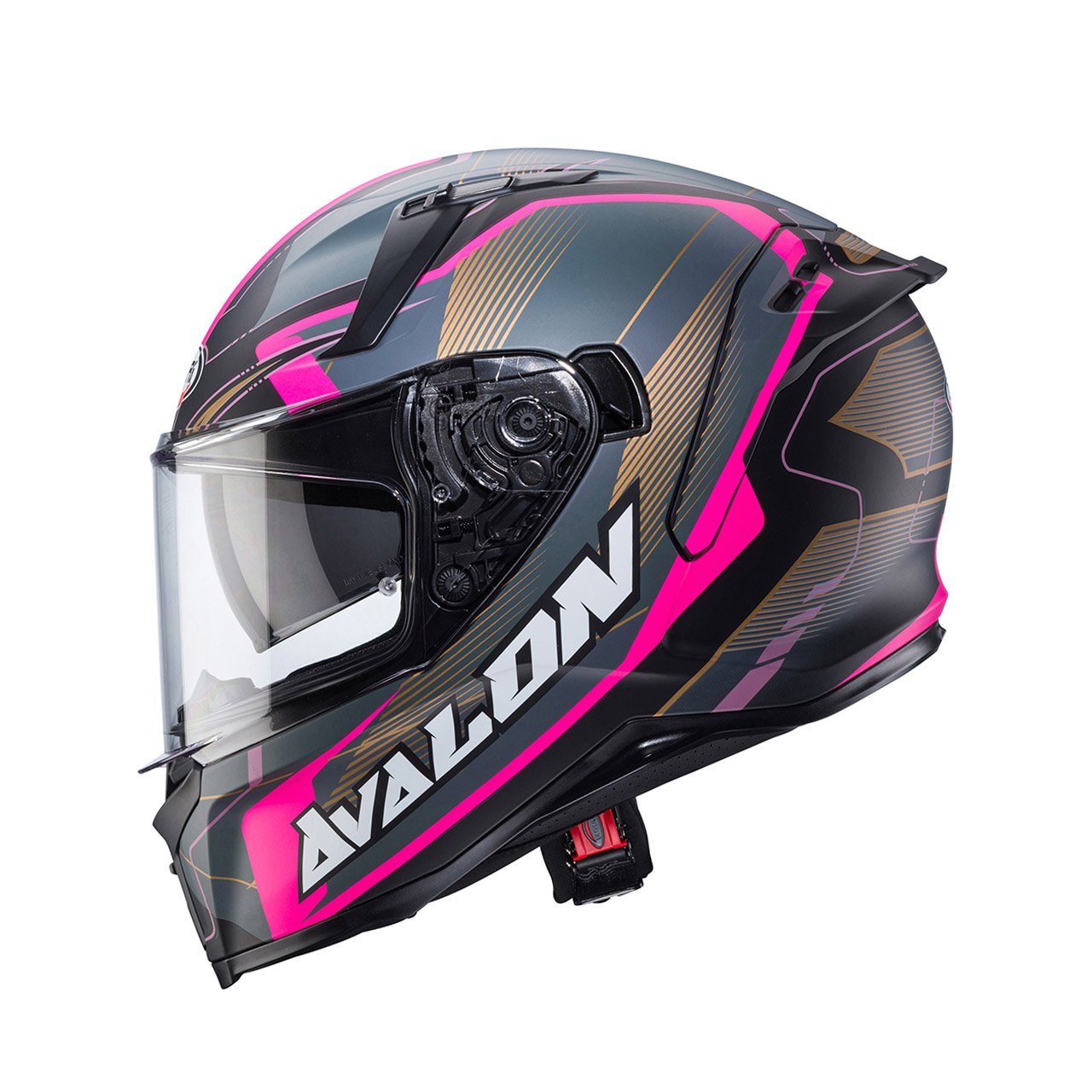 Caberg Avalon X Optic full-face helmet in matte black, grey, and fuchsia, side view, modern design with bold graphics and clear visor.