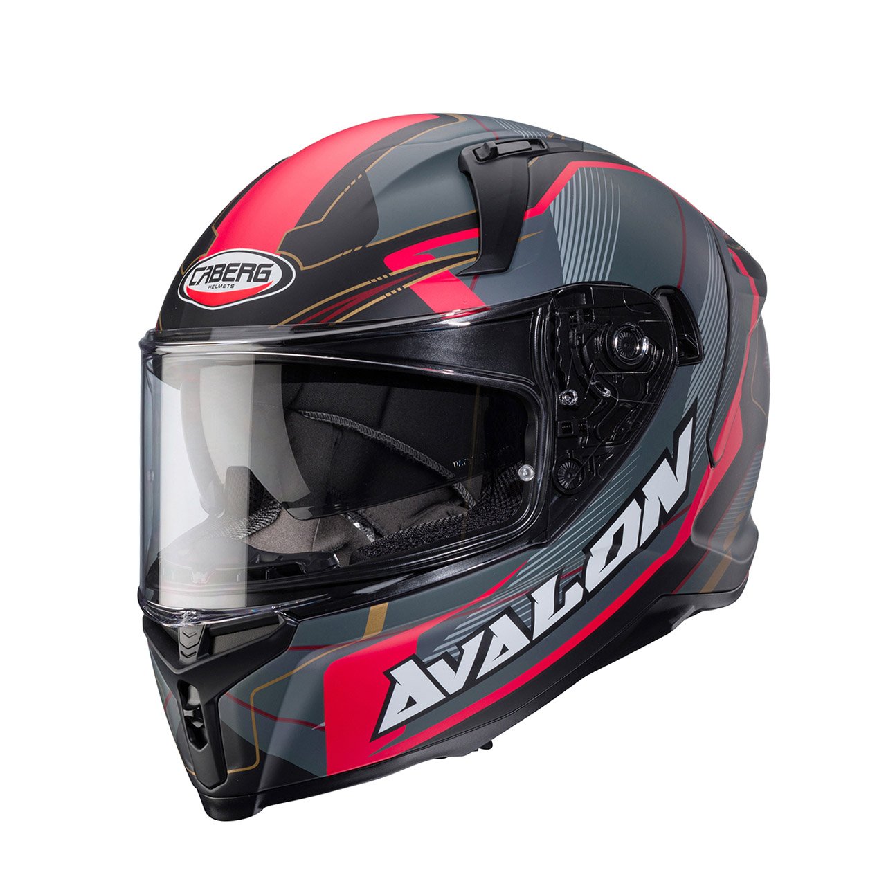 Caberg Avalon X Optic full-face helmet in matte black, grey, and red, three-quarter view, eye-catching design with modern graphics and clear visor.