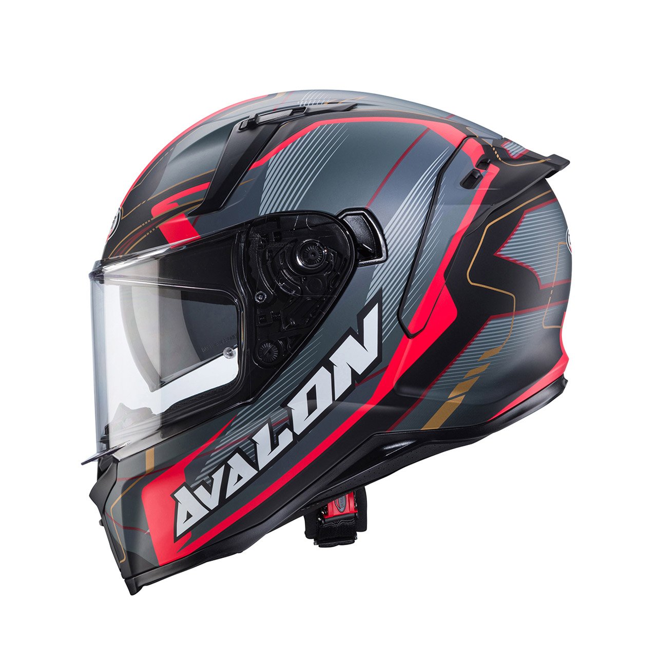 Caberg Avalon X Optic full-face helmet in matte black, grey, and red, side view, eye-catching design with modern graphics and clear visor.