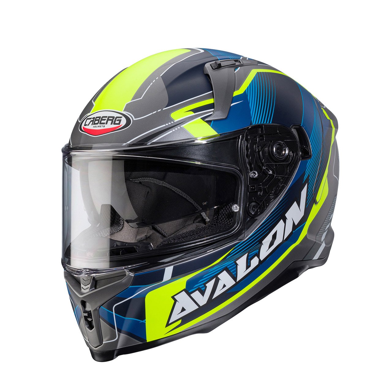 Caberg Avalon X Optic full-face helmet in matte grey, blue, and fluo yellow, three-quarter view, modern design with dynamic graphics and clear visor.