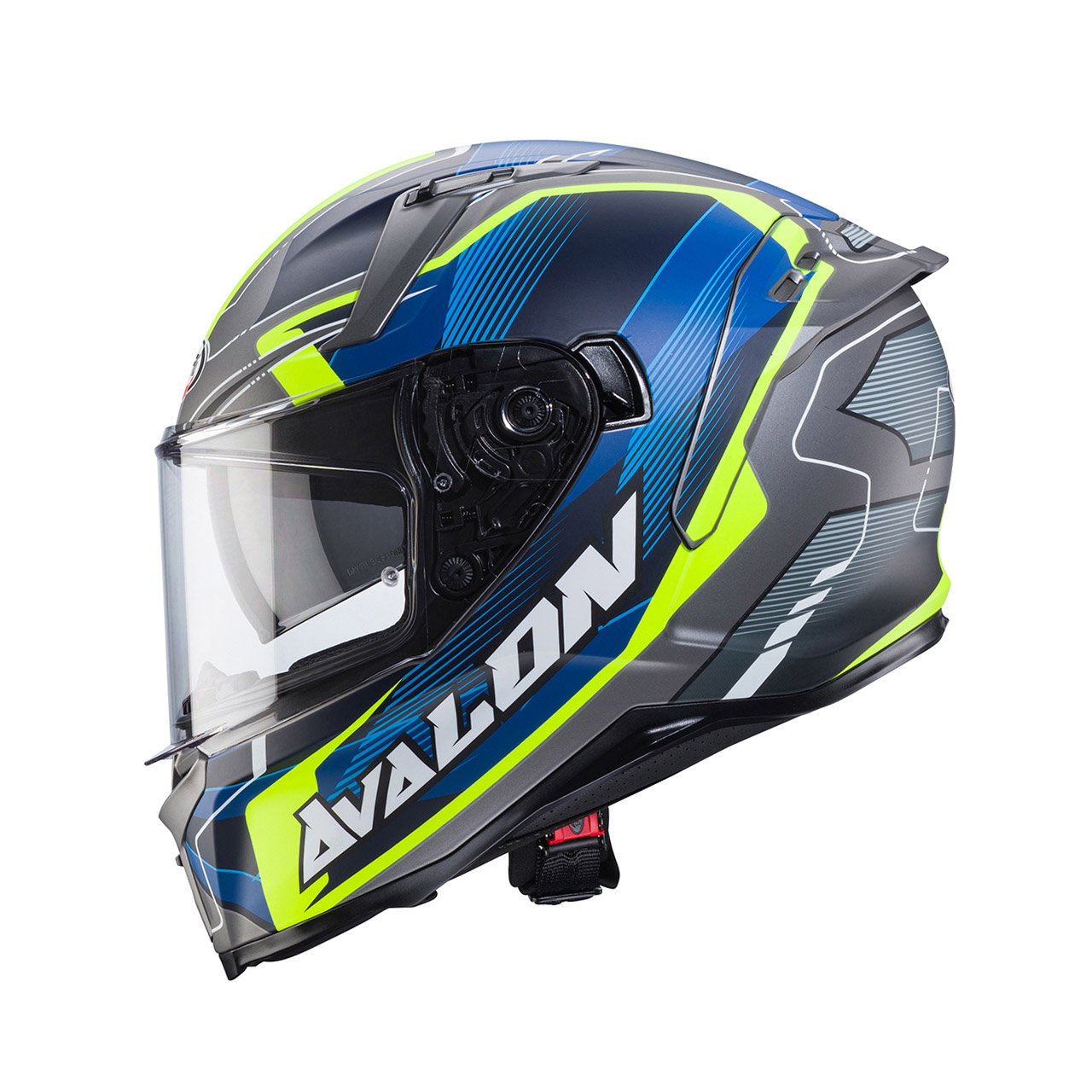 Caberg Avalon X Optic full-face helmet in matte grey, blue, and fluo yellow, side view, modern design with dynamic graphics and clear visor.