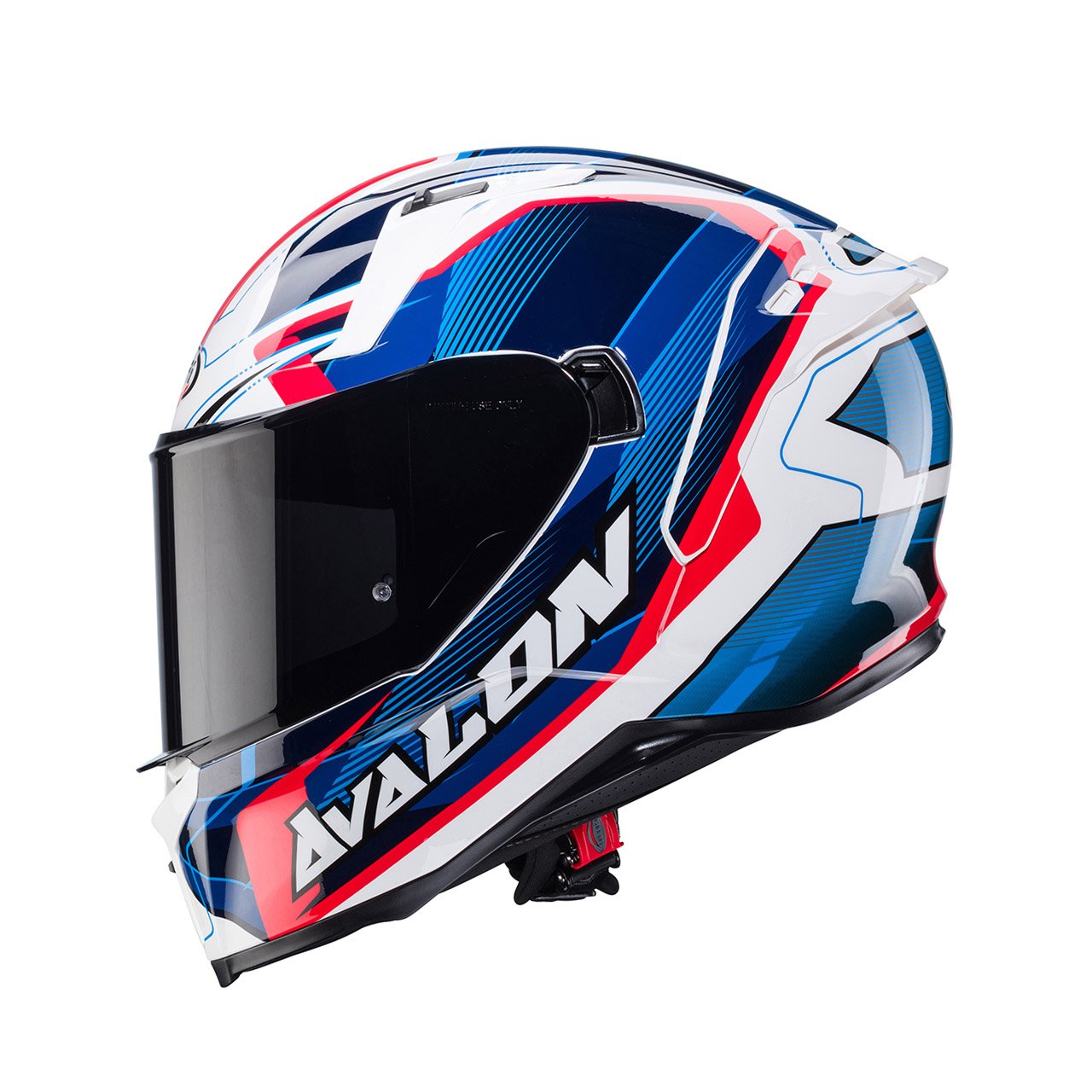 Caberg Avalon X Optic full-face helmet in white, blue, and red, side view, sporty design with eye-catching graphics and dark visor.