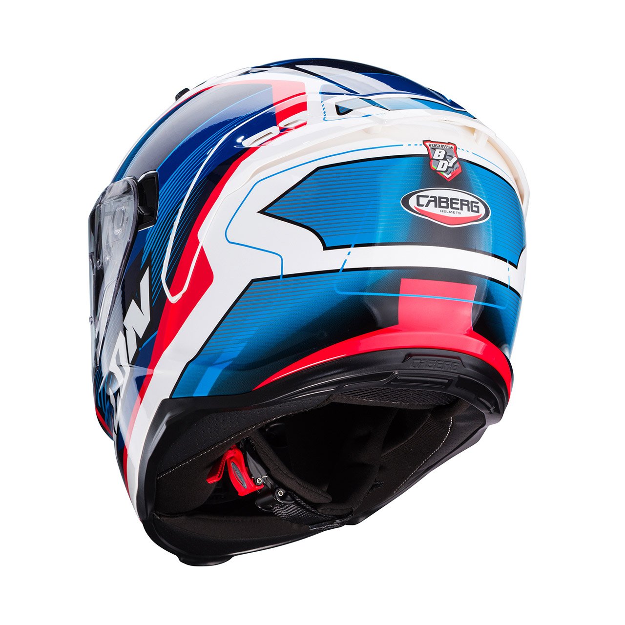 Caberg Avalon X Optic full-face helmet in white, blue, and red, rear view, sporty design with eye-catching graphics and clear visor.