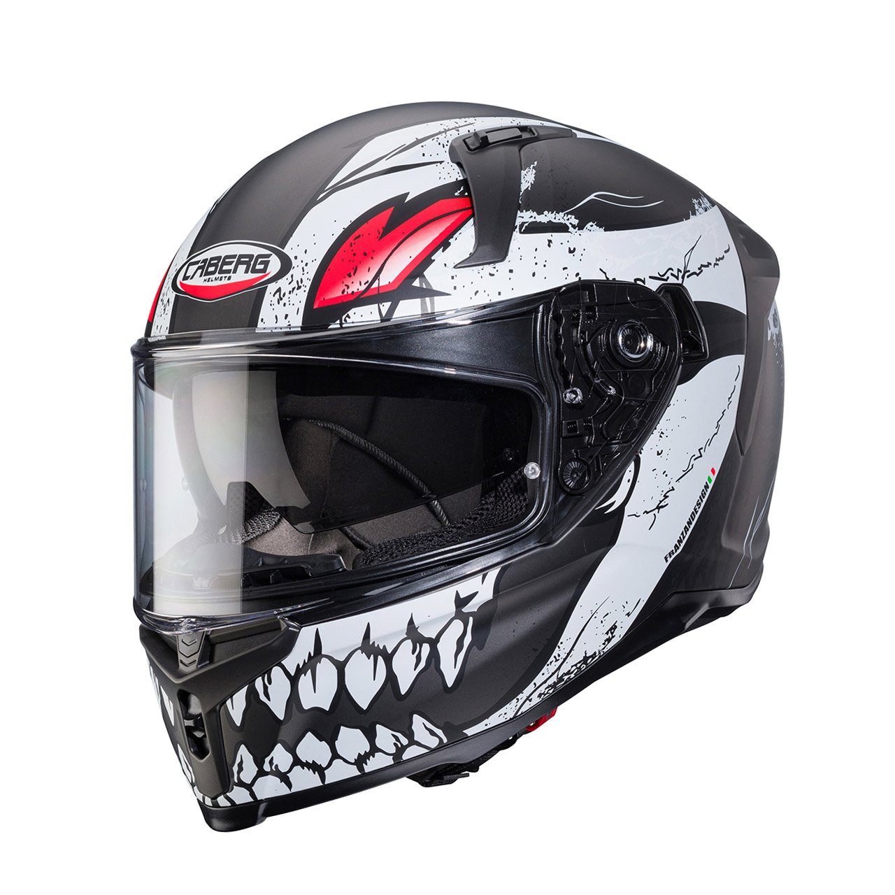 Caberg Avalon X Punk full-face helmet in matte black, grey, and red, three-quarter view, eye-catching design with aggressive graphics and clear visor.