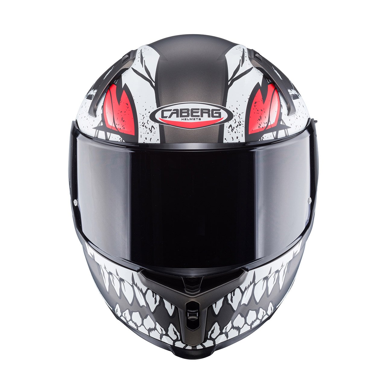 Caberg Avalon X Punk full-face helmet in matte black, grey, and red, front view, eye-catching design with aggressive graphics and dark visor.