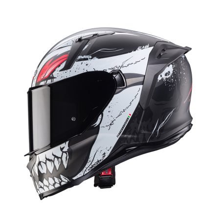 Avalon-X-Punk-Matt-Black-Grey-Red-profile-dark Casco integrale Caberg Avalon X Punk nero opaco, grigio e rosso, vista laterale, design accattivante con grafica aggressiva e visiera scura.