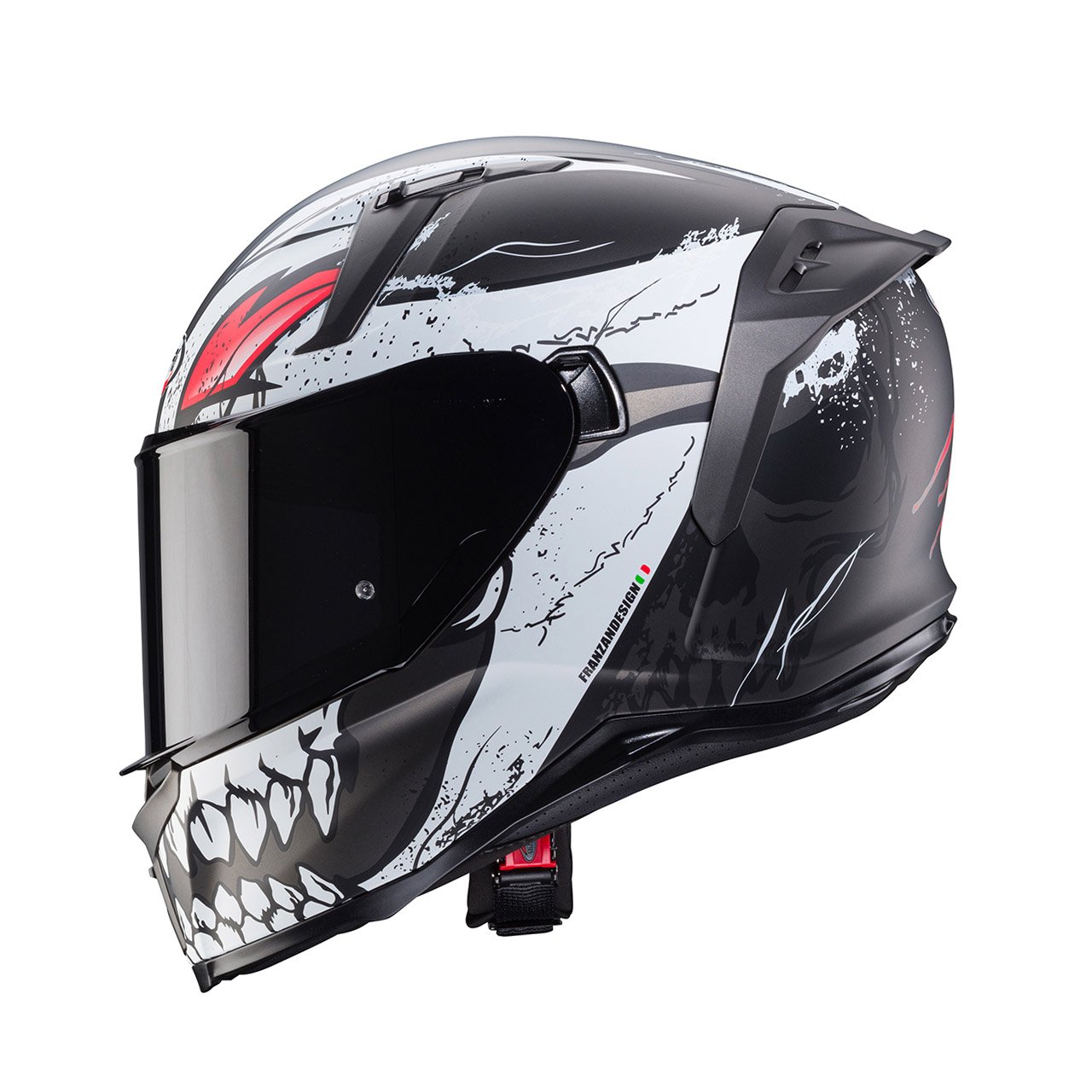 Caberg Avalon X Punk full-face helmet in matte black, grey, and red, side view, eye-catching design with aggressive graphics and dark visor.