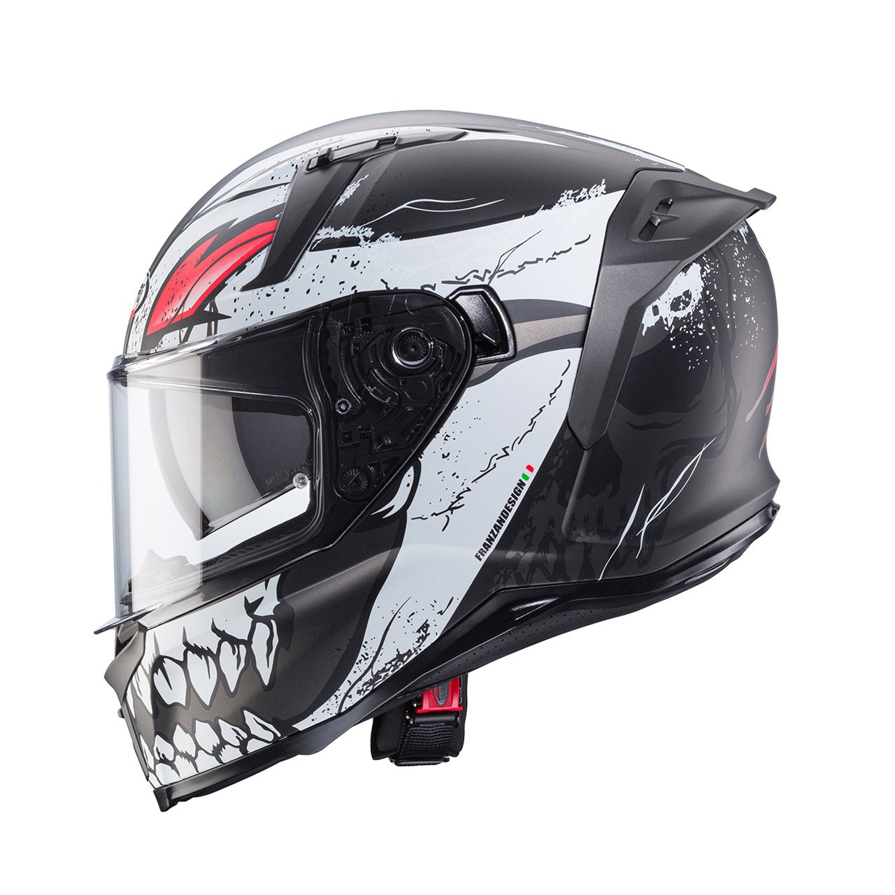 Caberg Avalon X Punk full-face helmet in matte black, grey, and red, side view, eye-catching design with aggressive graphics and clear visor.