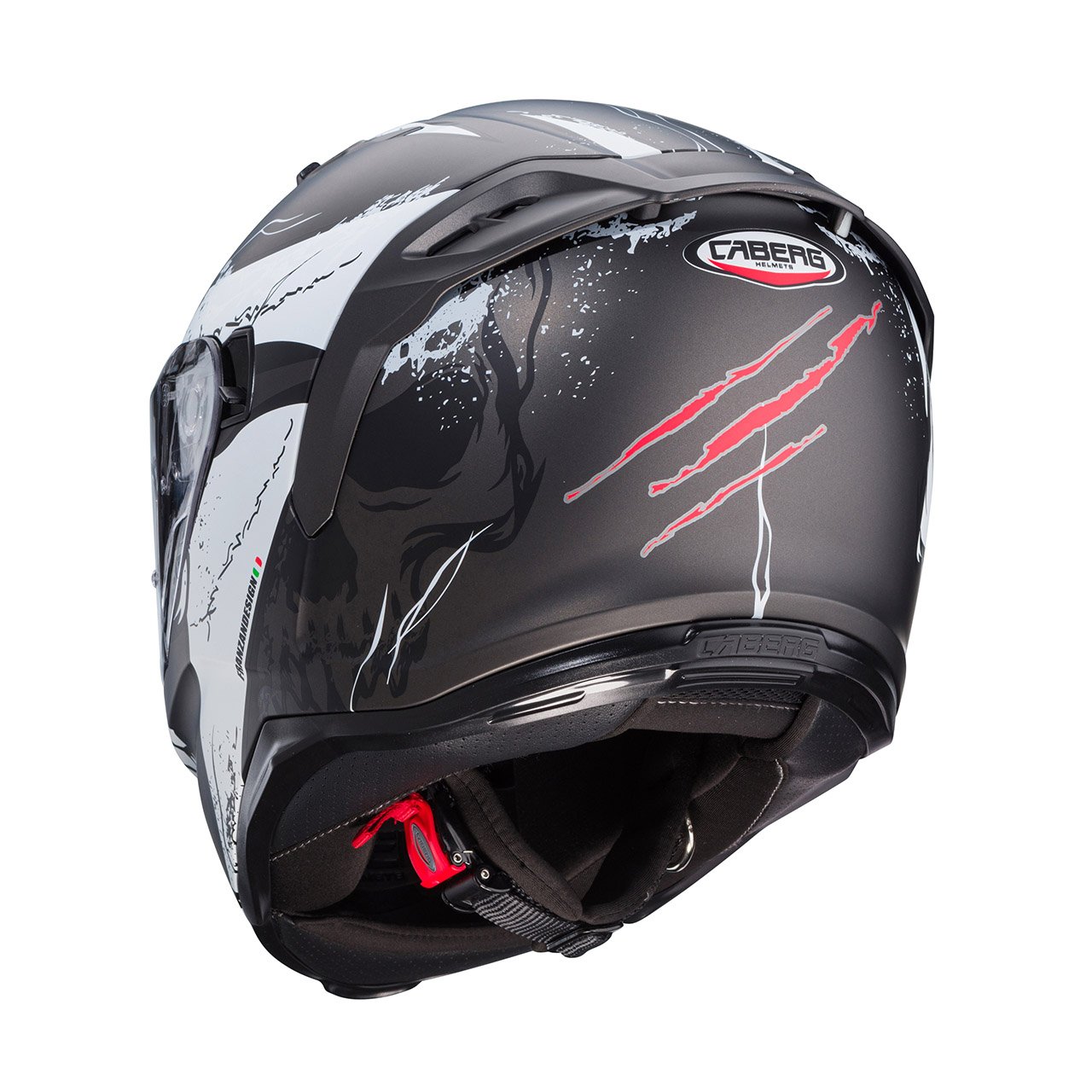 Caberg Avalon X Punk full-face helmet in matte black, grey, and red, rear view, eye-catching design with aggressive graphics and clear visor.