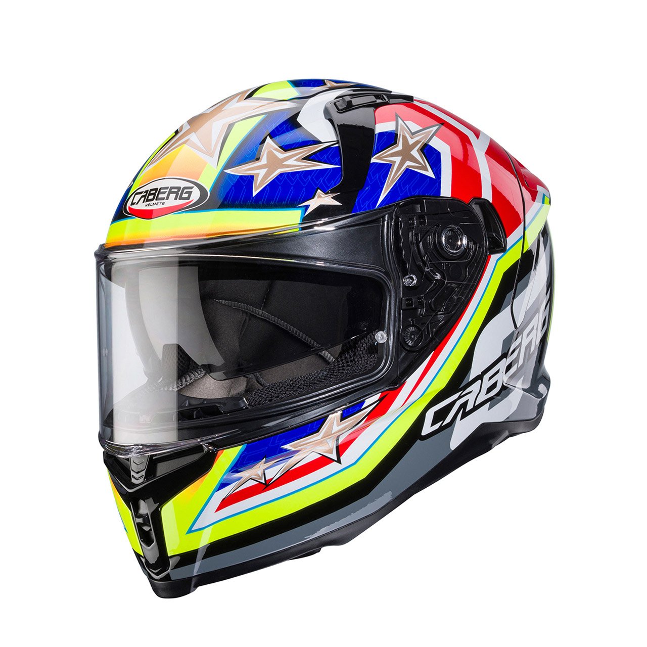 Caberg Avalon X Track full-face helmet in black, fluo yellow, fluo red, and blue, three-quarter view, sporty design with bold graphics and clear visor.