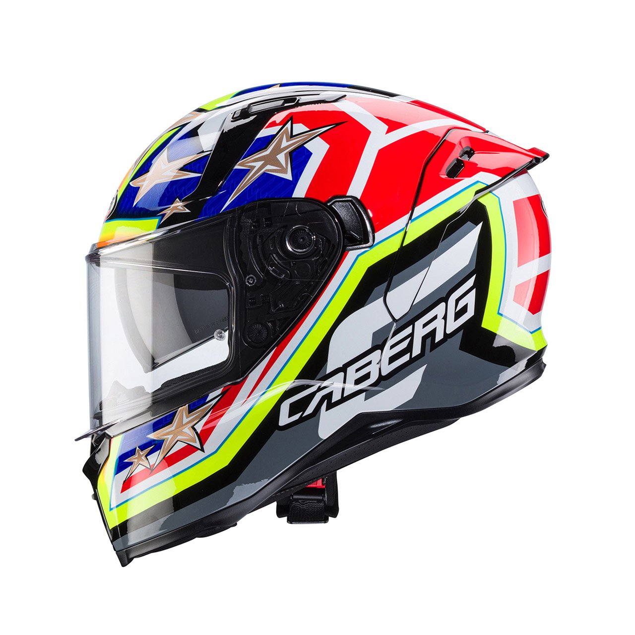 Caberg Avalon X Track full-face helmet in black, fluo yellow, fluo red, and blue, side view, sporty design with bold graphics and clear visor.