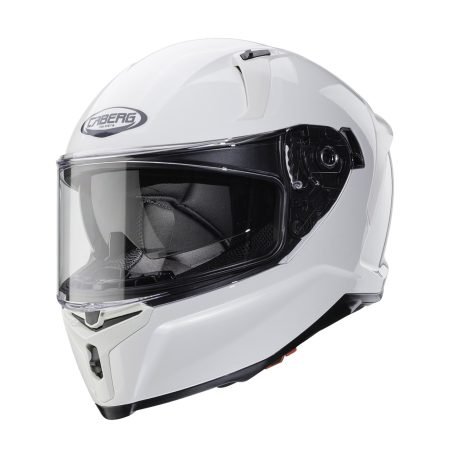 Casco integrale Caberg Avalon X bianco, vista a tre quarti, design elegante con visiera trasparente e sistema di ventilazione.