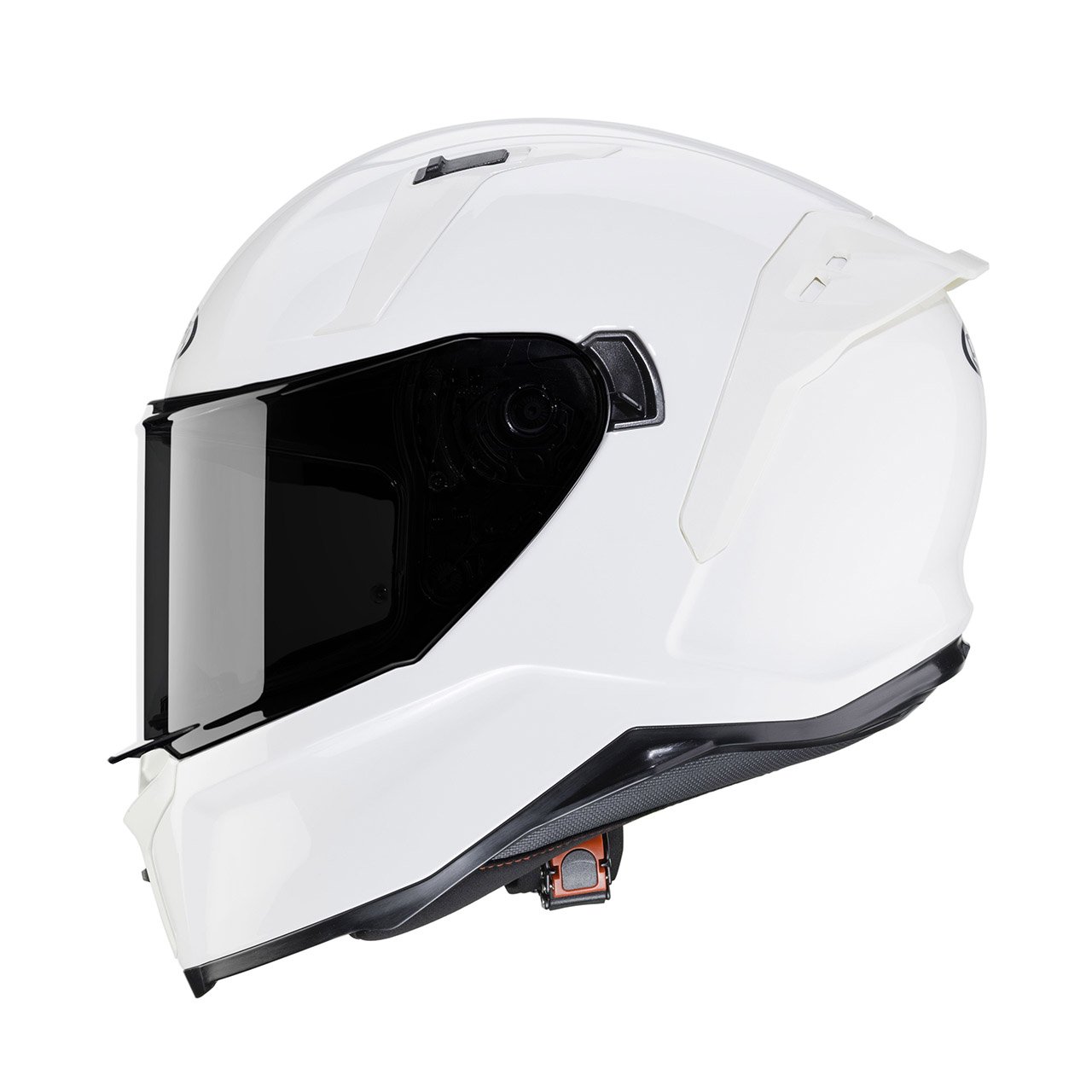 Caberg Avalon X full-face helmet in white, side view, elegant design with dark visor and ventilation system.
