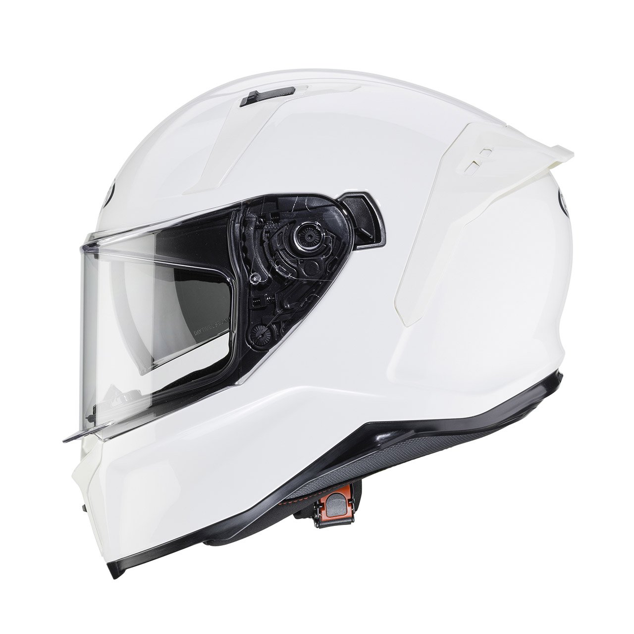 Caberg Avalon X full-face helmet in white, side view, elegant design with clear visor and ventilation system.