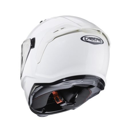 Casco integrale Caberg Avalon X bianco, vista posteriore, design elegante con visiera trasparente e sistema di ventilazione.