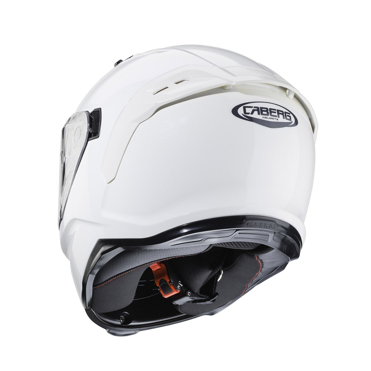 Caberg Avalon X full-face helmet in white, rear view, elegant design with clear visor and ventilation system.