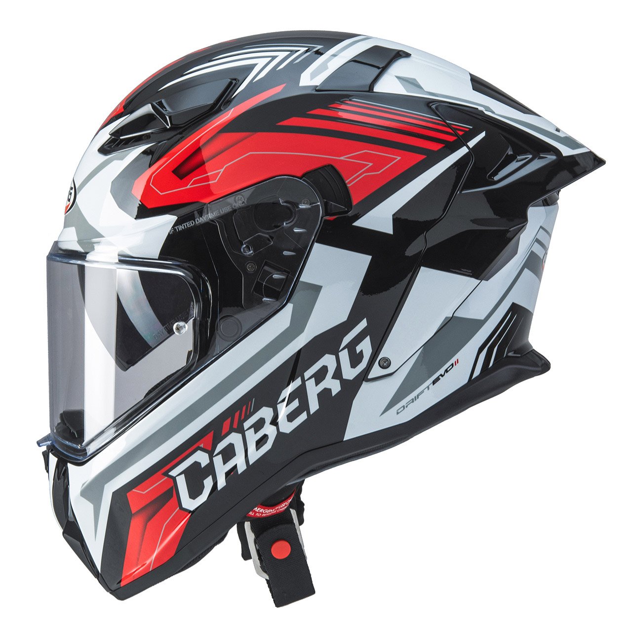 Casco integrale Caberg Drift Evo II Jarama nero, rosso e bianco, vista laterale, design sportivo con grafica dinamica e visiera trasparente.
