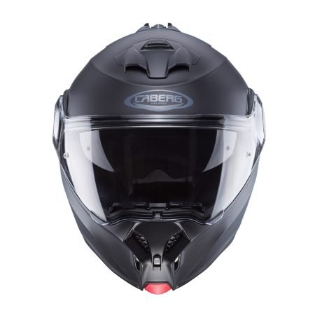 Duke-Evo-Matt-Black-front Casco modulare Caberg Duke Evo nero opaco, vista frontale, design sobrio con visiera trasparente.