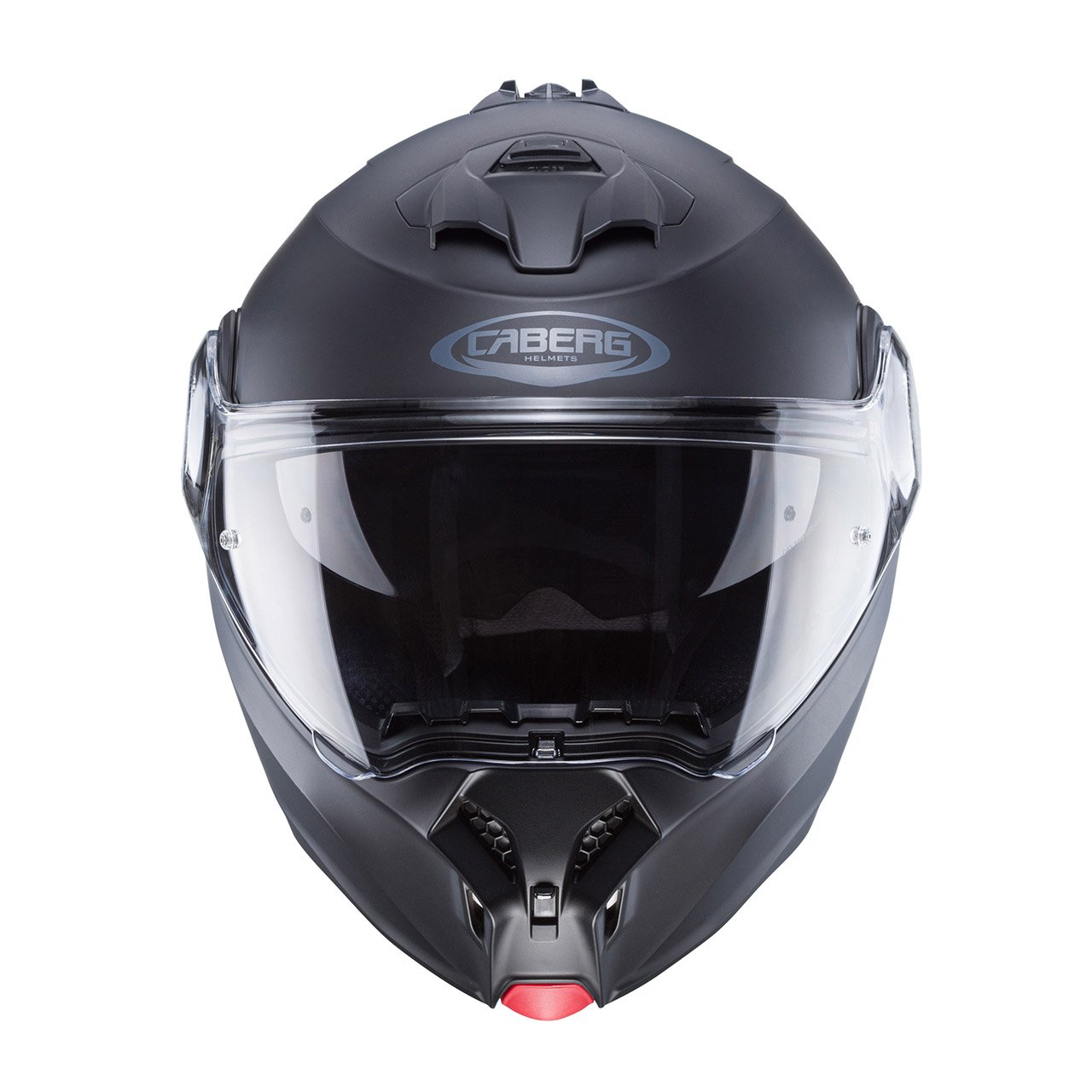 Caberg Duke Evo Matte Black Modular Helmet, front view, sleek design with a clear visor.