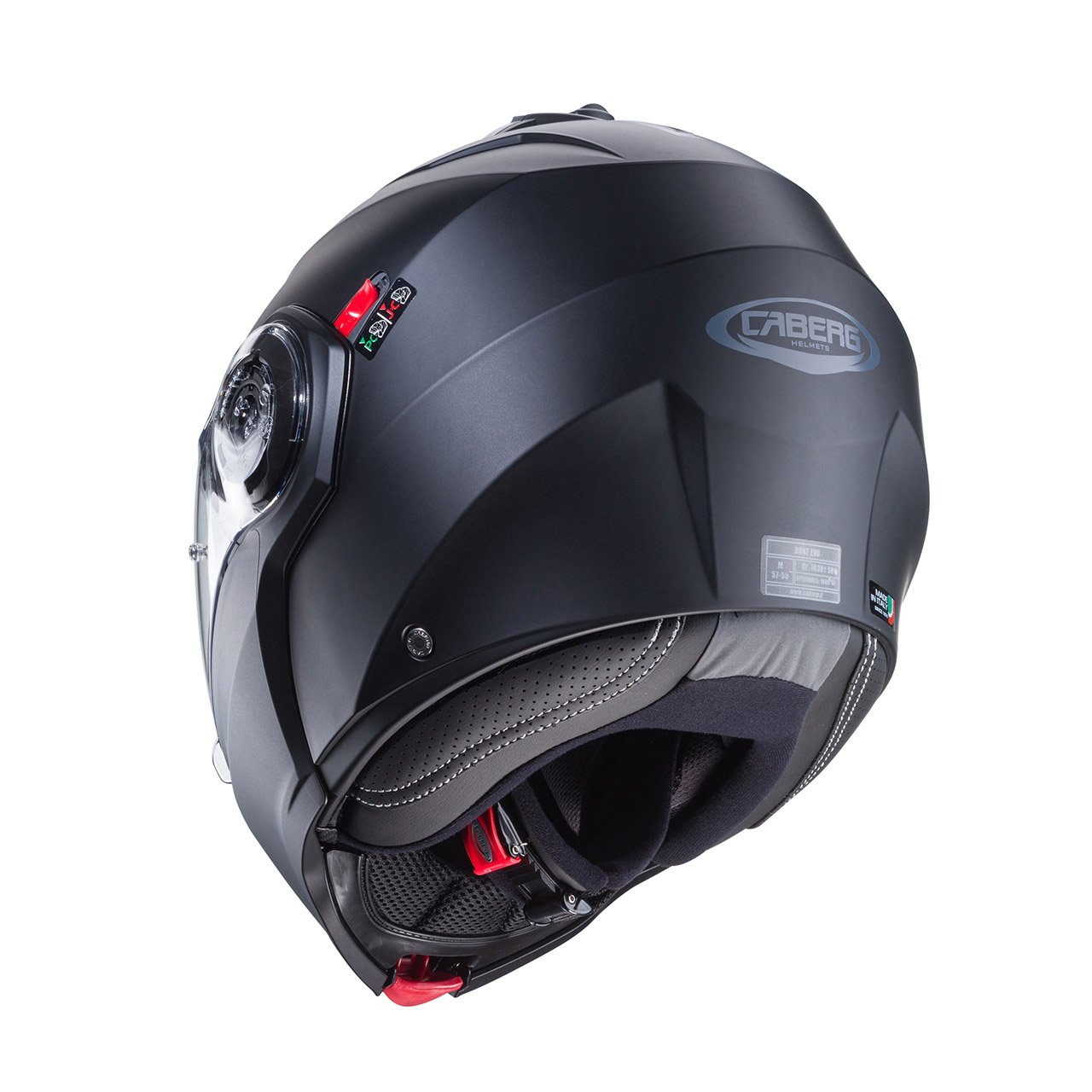 Caberg Duke Evo Matte Black Modular Helmet, rear view, sleek design with a clear visor.