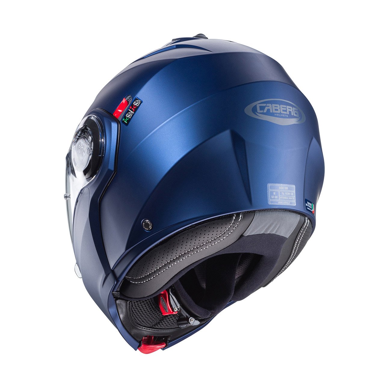 Caberg Duke Evo Matte Blue Yama Modular Helmet, rear view, sporty design with a clear visor.