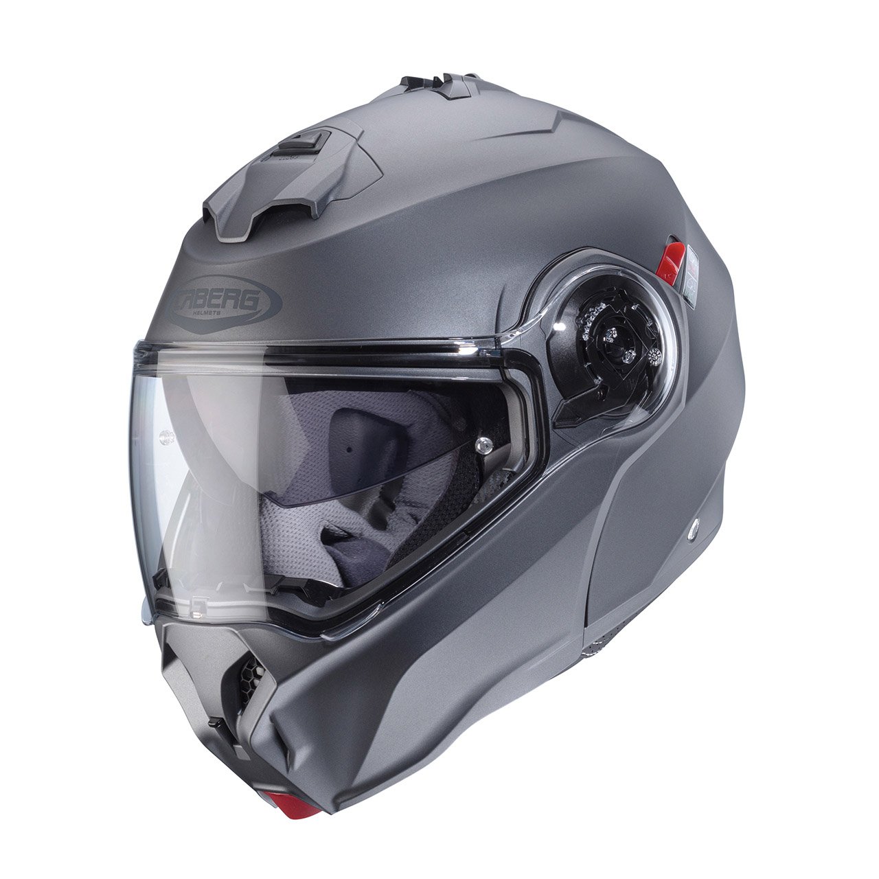 Caberg Duke Evo modular helmet matte metallic grey, three-quarter view, subtle design with clear visor.