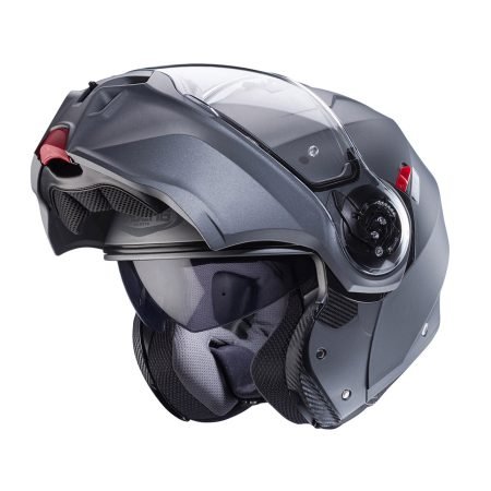 Duke-Evo-Matt-Gun-Metal-3-4-open Casco modulare Caberg Duke Evo grigio opaco metallizzato, vista a tre quarti con mentoniera aperta, design sobrio con visiera trasparente.