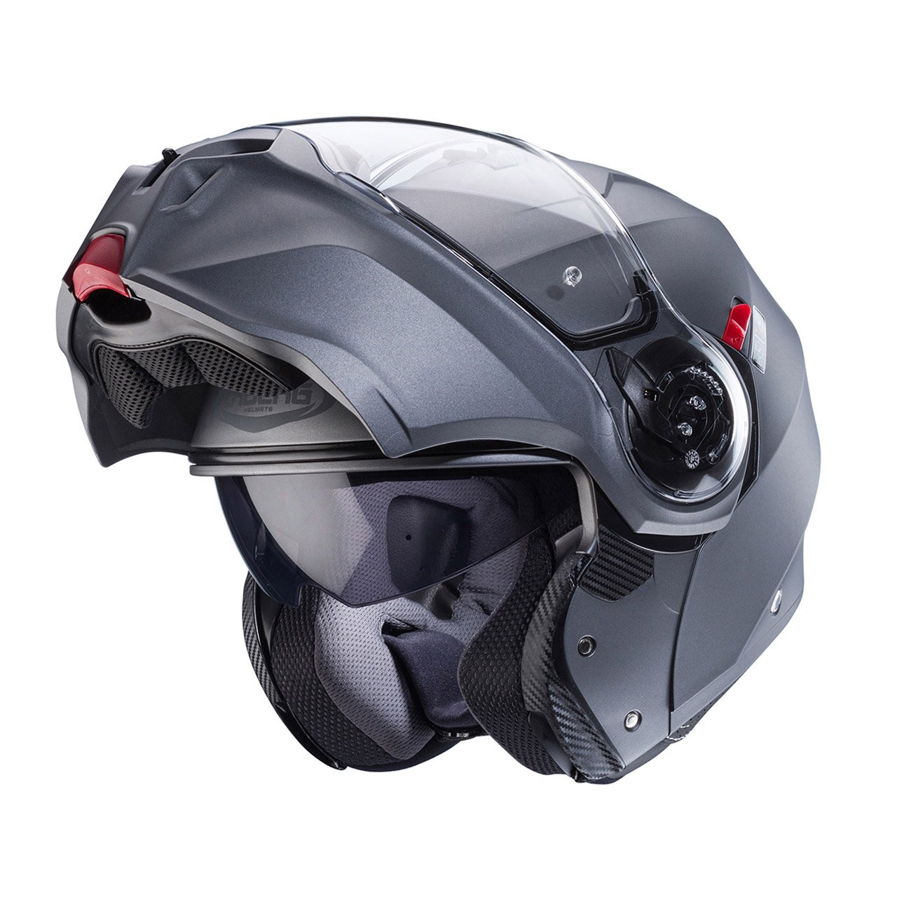 Caberg Duke Evo modular helmet matte metallic grey, three-quarter view with open chin guard, subtle design with clear visor.