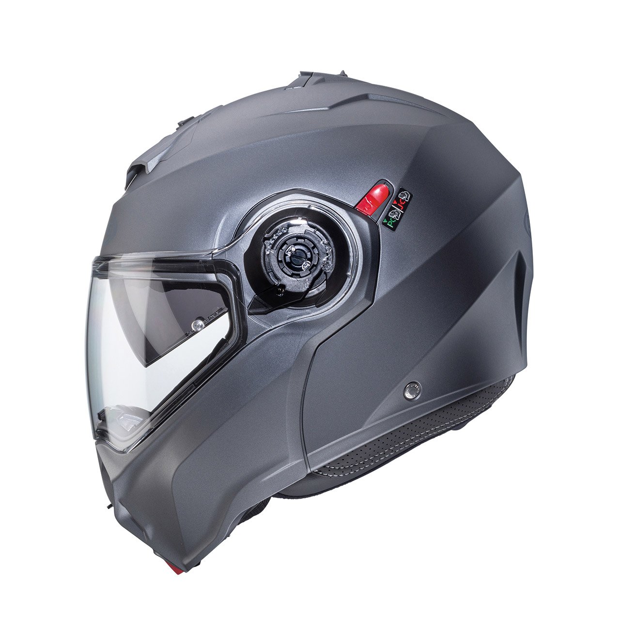 Caberg Duke Evo modular helmet matte metallic grey, side view, subtle design with clear visor.