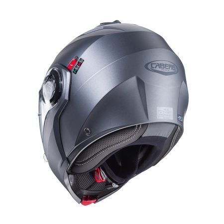 Duke-Evo-Matt-Gun-Metal-rear Casco modulare Caberg Duke Evo grigio opaco metallizzato, vista posteriore, design sobrio con visiera trasparente.