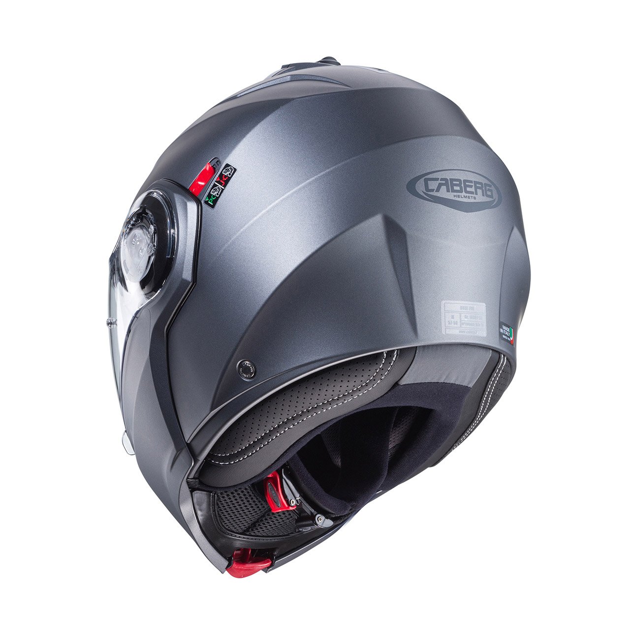 Caberg Duke Evo modular helmet matte metallic grey, rear view, subtle design with clear visor.