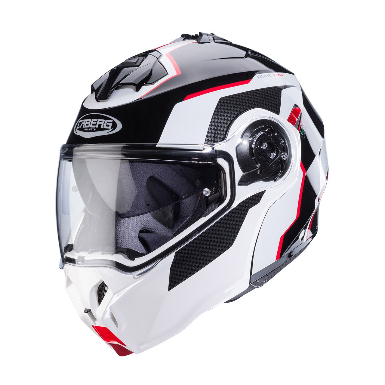 Casco modulare Caberg Duke Evo Move nero, bianco e rosso, vista a tre quarti, design dinamico con visiera trasparente.