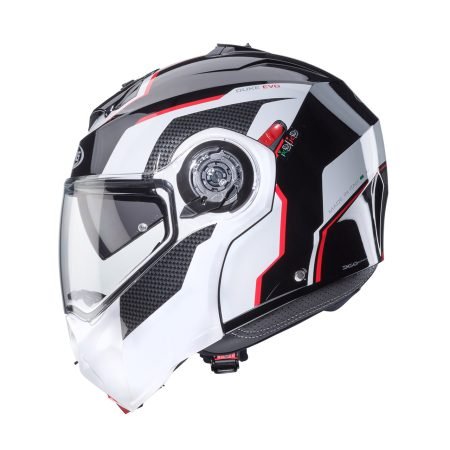 Casco modulare Caberg Duke Evo Move nero, bianco e rosso, vista laterale, design dinamico con visiera trasparente.