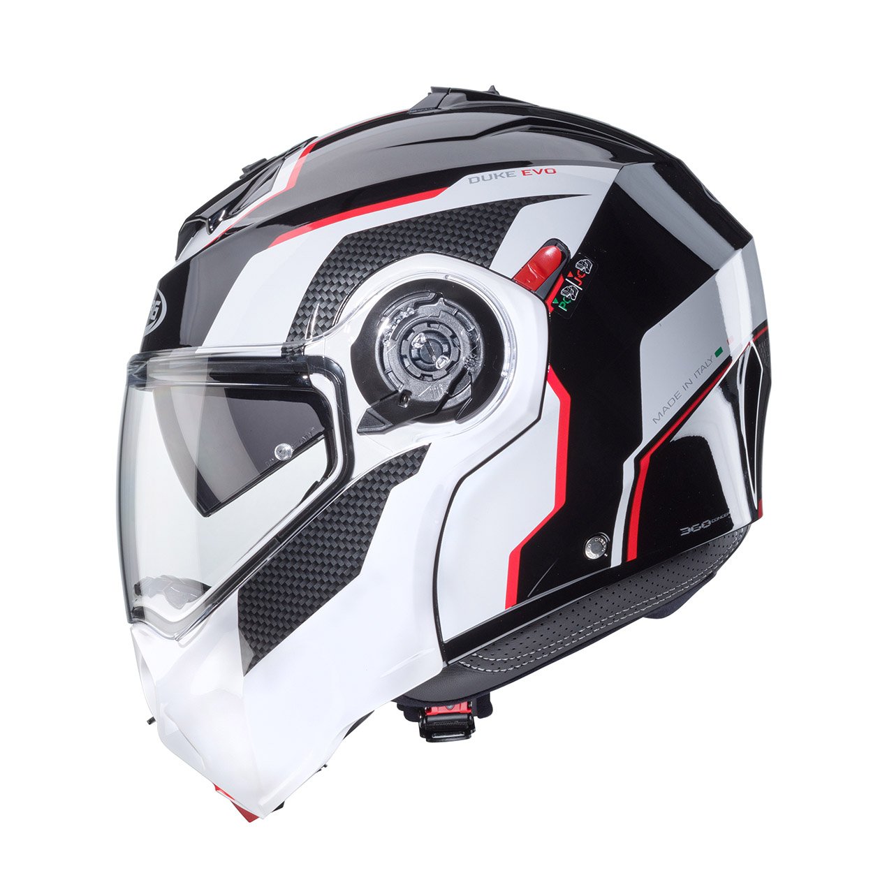 Casco modulare Caberg Duke Evo Move nero, bianco e rosso, vista laterale, design dinamico con visiera trasparente.