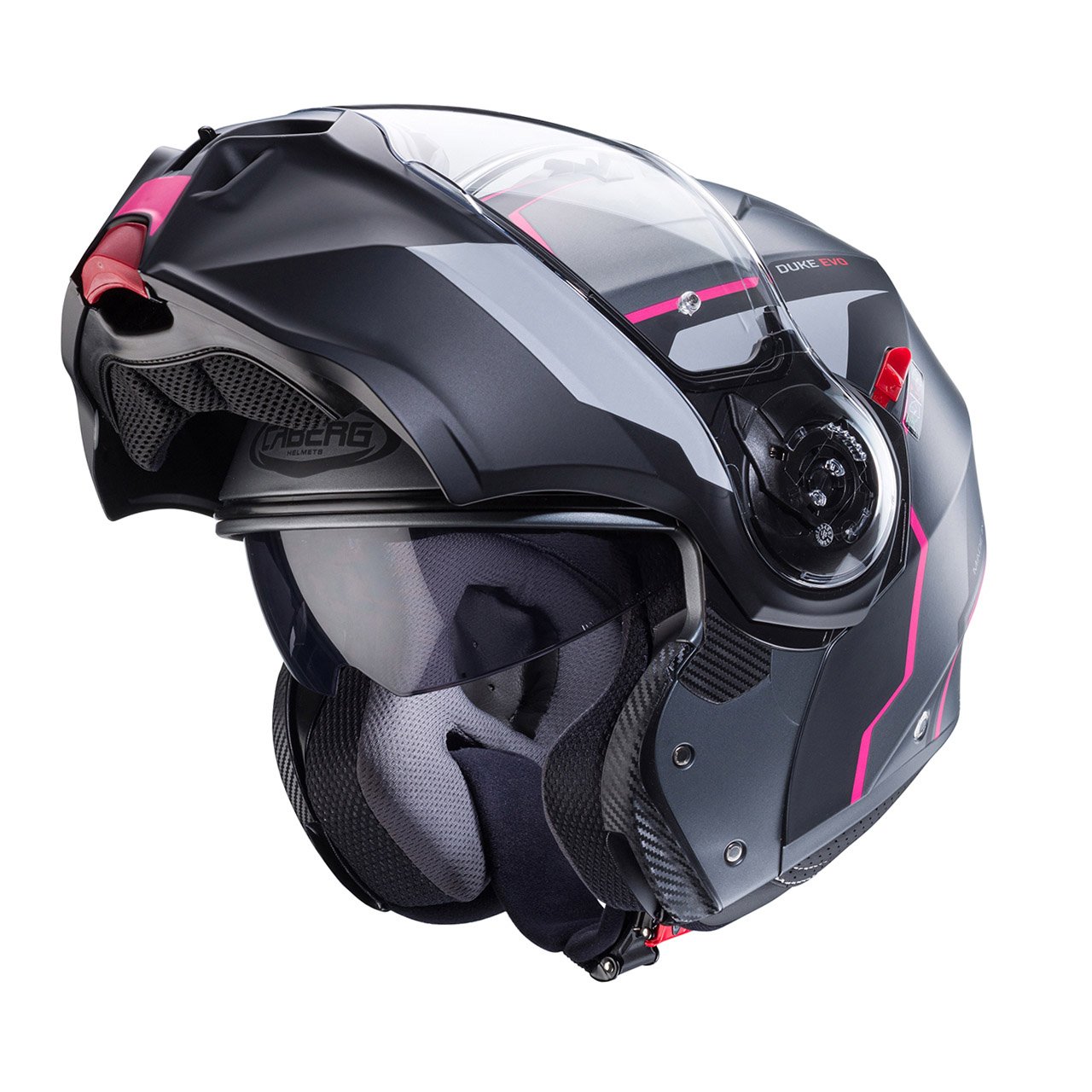 Caberg Duke EVO Move modular helmet in matte metallic grey, black, and fuchsia, three-quarter view with open chin guard, modern design with clear visor.