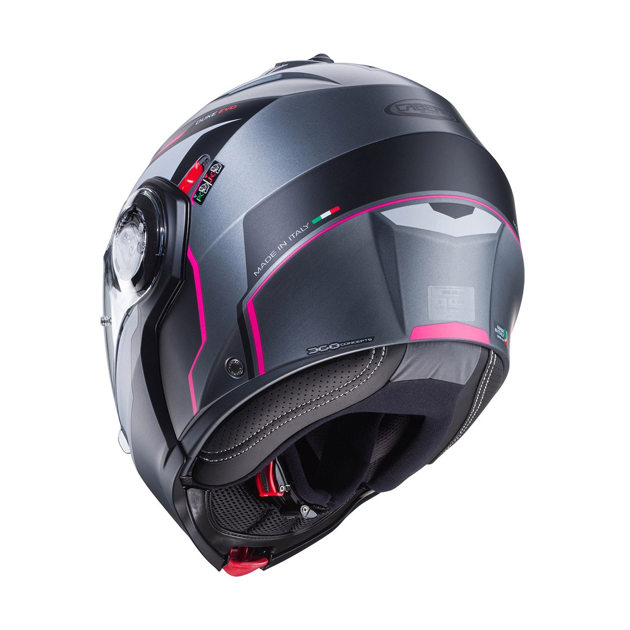 Caberg Duke EVO Move modular helmet in matte metallic grey, black, and fuchsia, rear view, modern design with clear visor.
