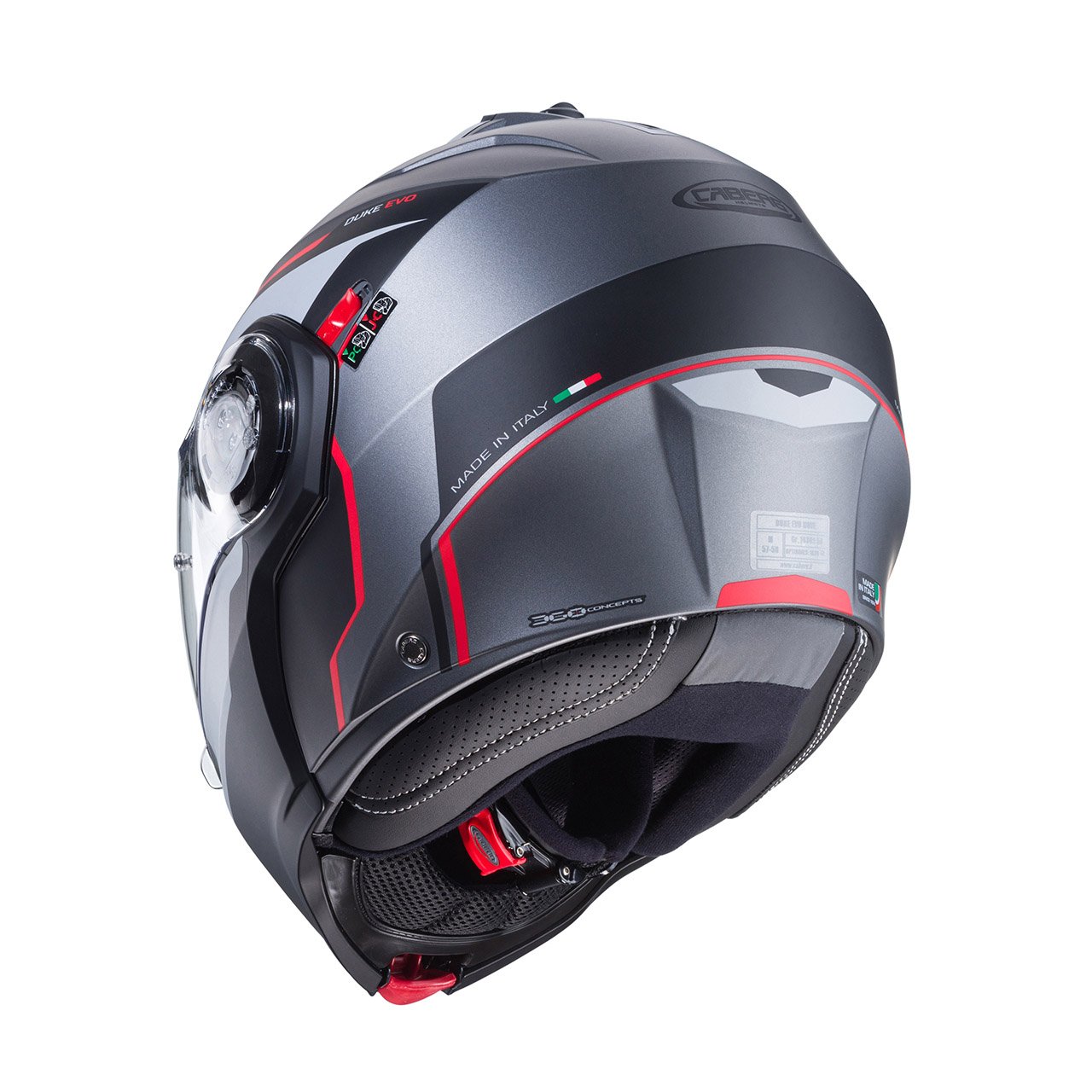 Caberg Duke EVO Move modular helmet in matte metallic grey, black, and red, rear view, modern design with clear visor.