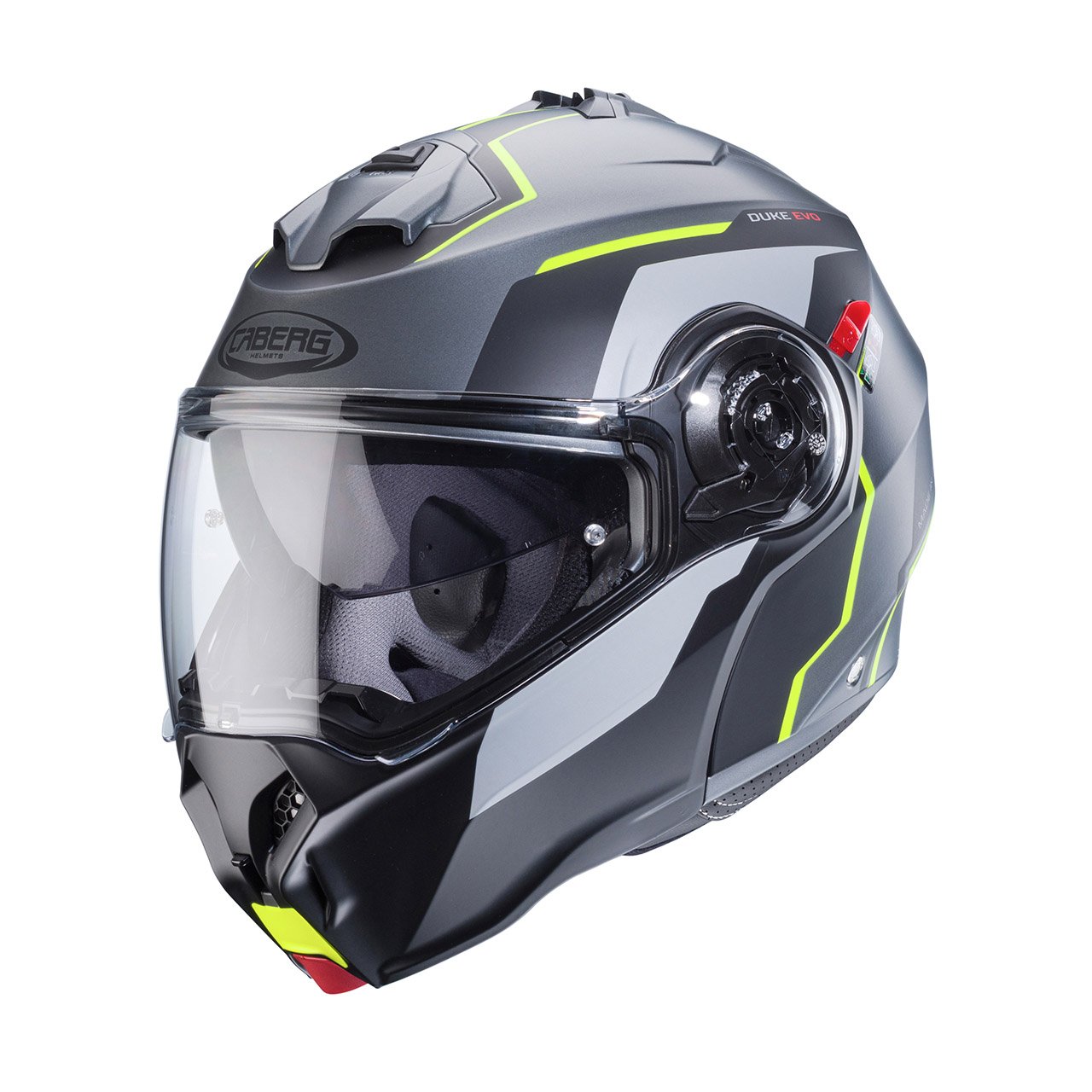 Caberg Duke Evo Move modular helmet in matte metallic grey, black, and fluorescent yellow, three-quarter view, dynamic design with clear visor.