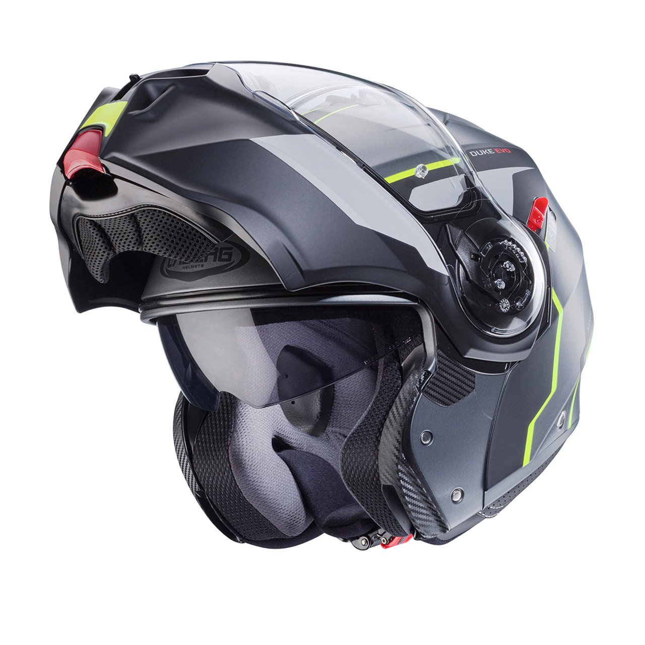 Caberg Duke Evo Move modular helmet in matte metallic grey, black, and fluorescent yellow, three-quarter view with open chin guard, dynamic design with clear visor.
