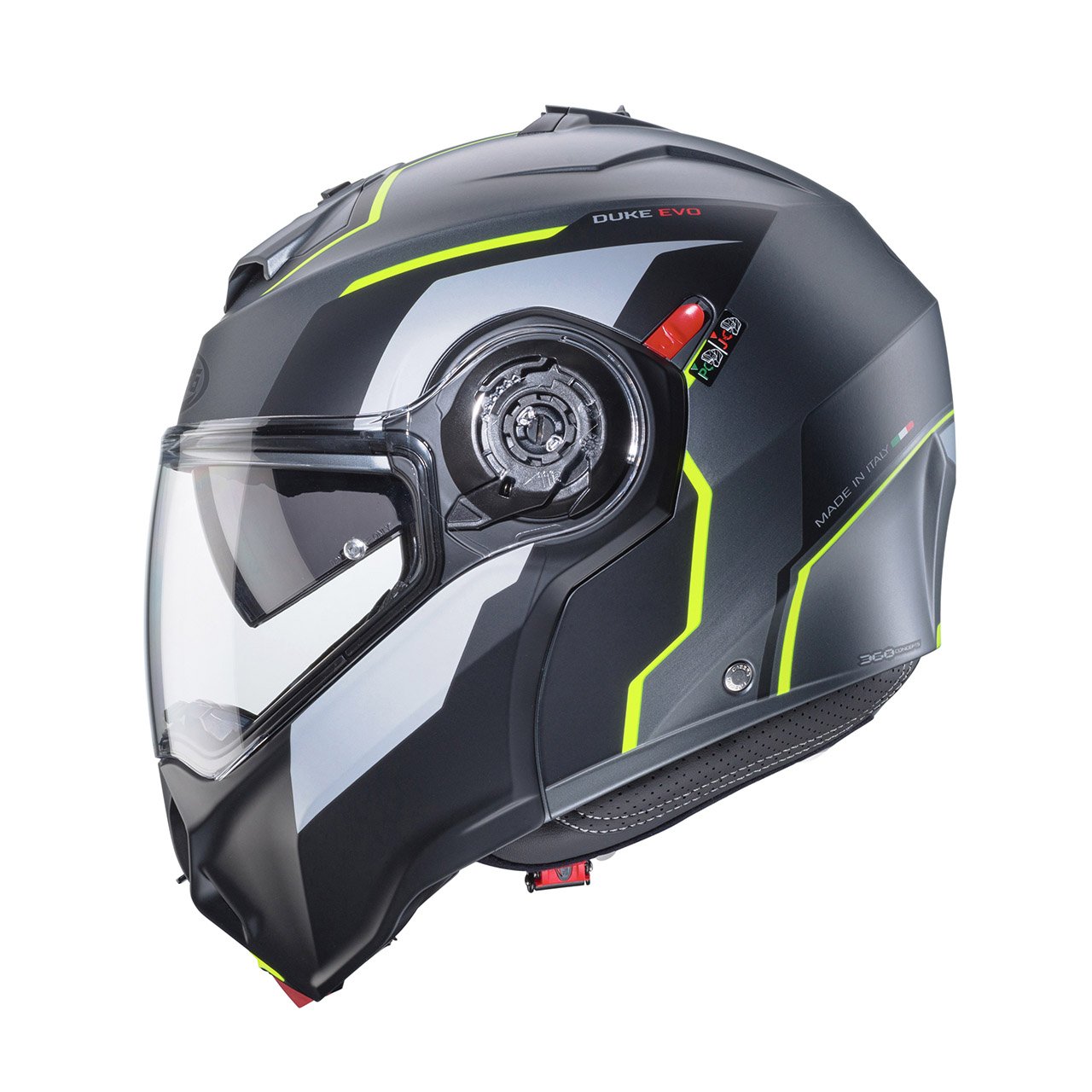 Caberg Duke Evo Move modular helmet in matte metallic grey, black, and fluorescent yellow, side view, dynamic design with clear visor.