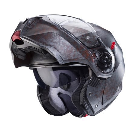 Duke-Evo-Rusty-3-4-open Casco modulare Caberg Duke Evo Rusty, vista a tre quarti con mentoniera aperta, design vintage con visiera trasparente.
