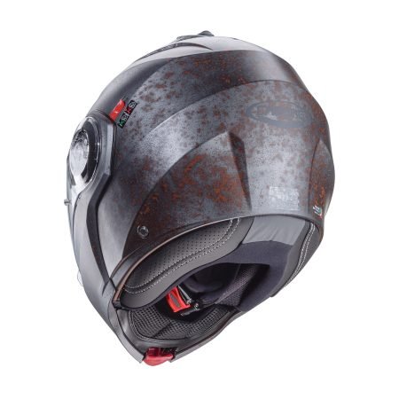 Duke-Evo-Rusty-rear Casco modulare Caberg Duke Evo Rusty, vista posteriore, design vintage con visiera trasparente.