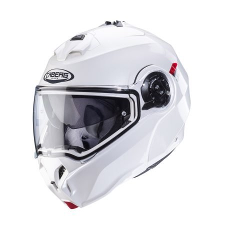 Duke-Evo-White-Metal-3-4 Casco modulare Caberg Duke Evo bianco metallizzato, vista a tre quarti, design elegante con visiera trasparente.