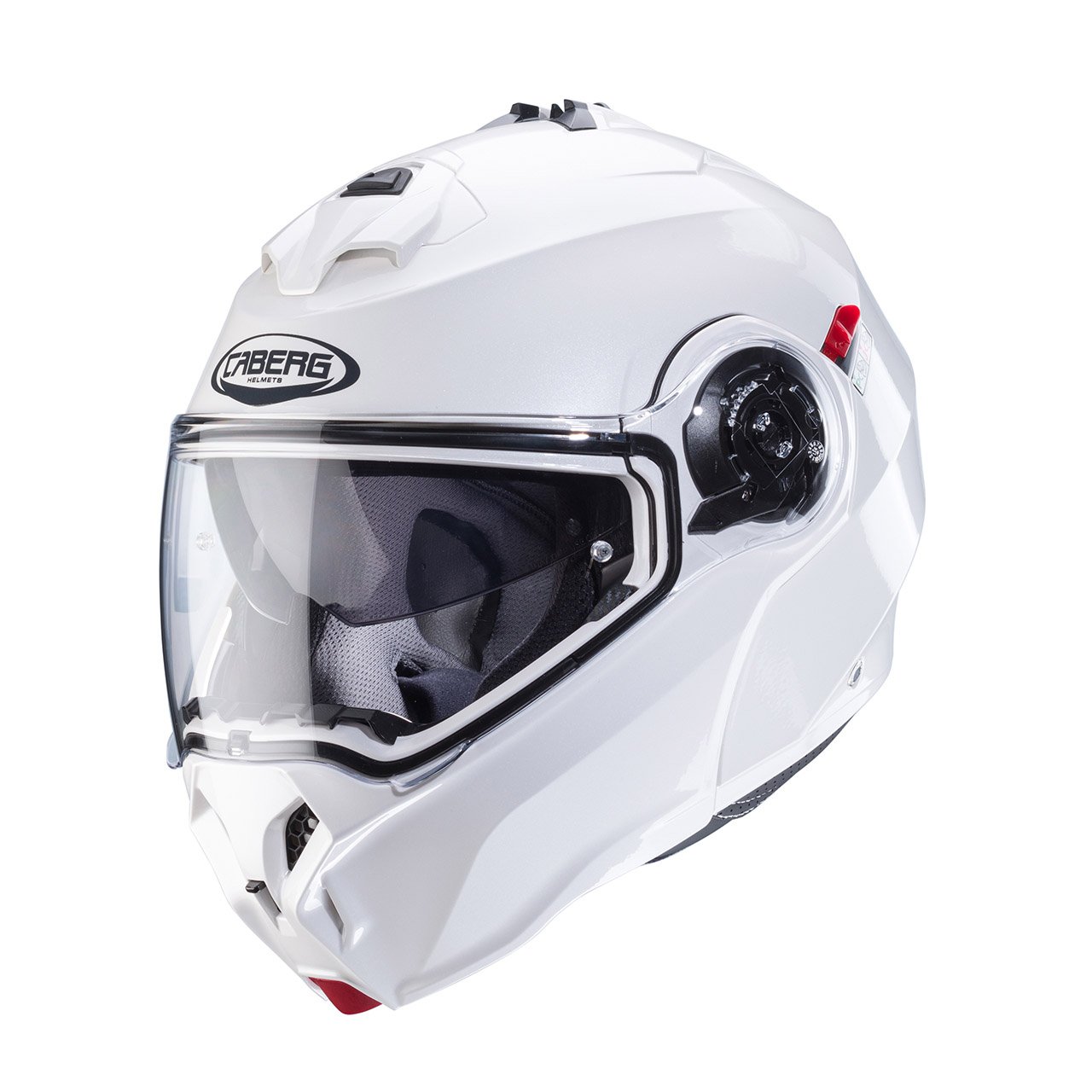 Caberg Duke Evo modular helmet metallic white, three-quarter view, elegant design with clear visor.